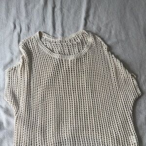 Open Knit Short Sleeve Sweater Top - Cream